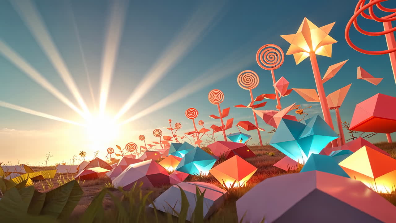 Dreamlike Geometric Landscape with Glowing Shapes at Sunset