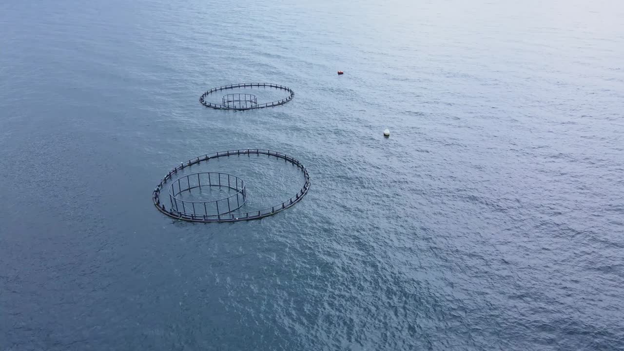 지중해 해양의 수산물 양식의 물고기 케이지는 물고기 번식장입니다.