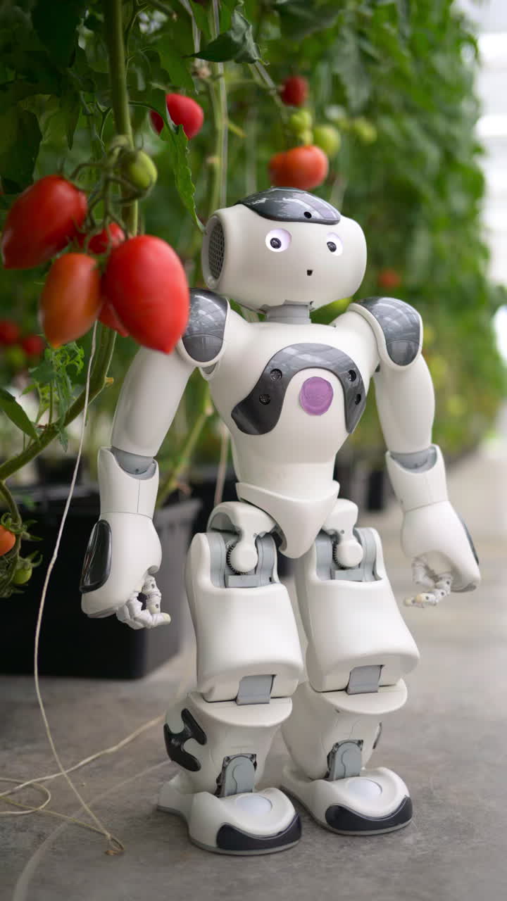 Humanoid robot standing near rows of tomatoes in a greenhouse farm. Vertical