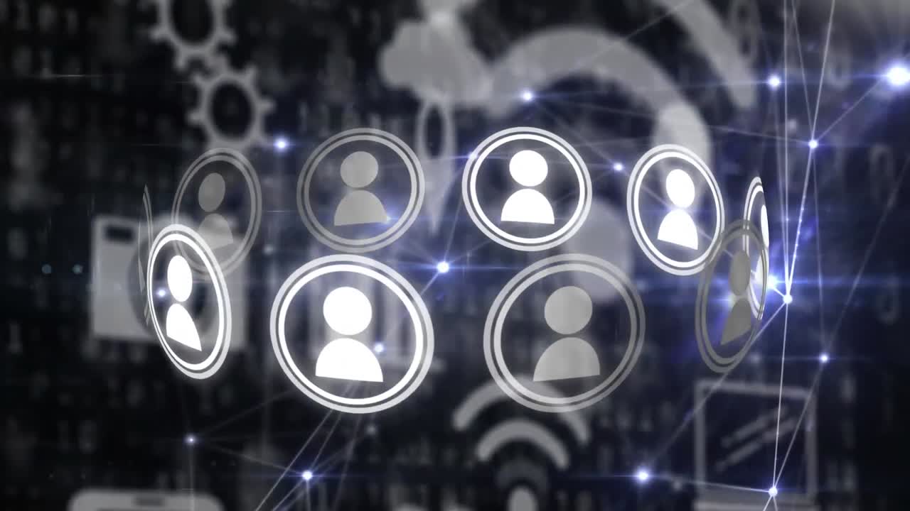 animación digital de iconos de perfil girando y red de conexiones contra el procesamiento de datos