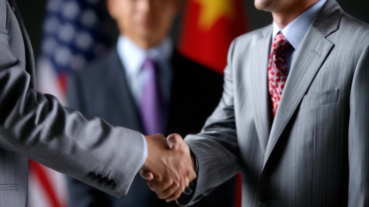 Momento clave de la diplomacia: Dos profesionales de negocios estrechando firmemente las manos, significando cooperación, colaboración y prometedoras relaciones futuras entre naciones.