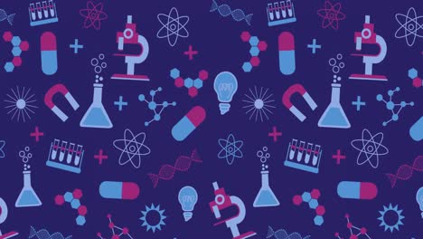 Multiple-science-concept-icons-moving-against-blue-background