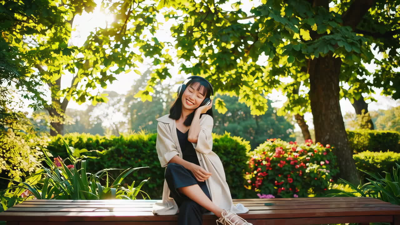 Young Woman Enjoying Music with Headphones in a Sunny Park