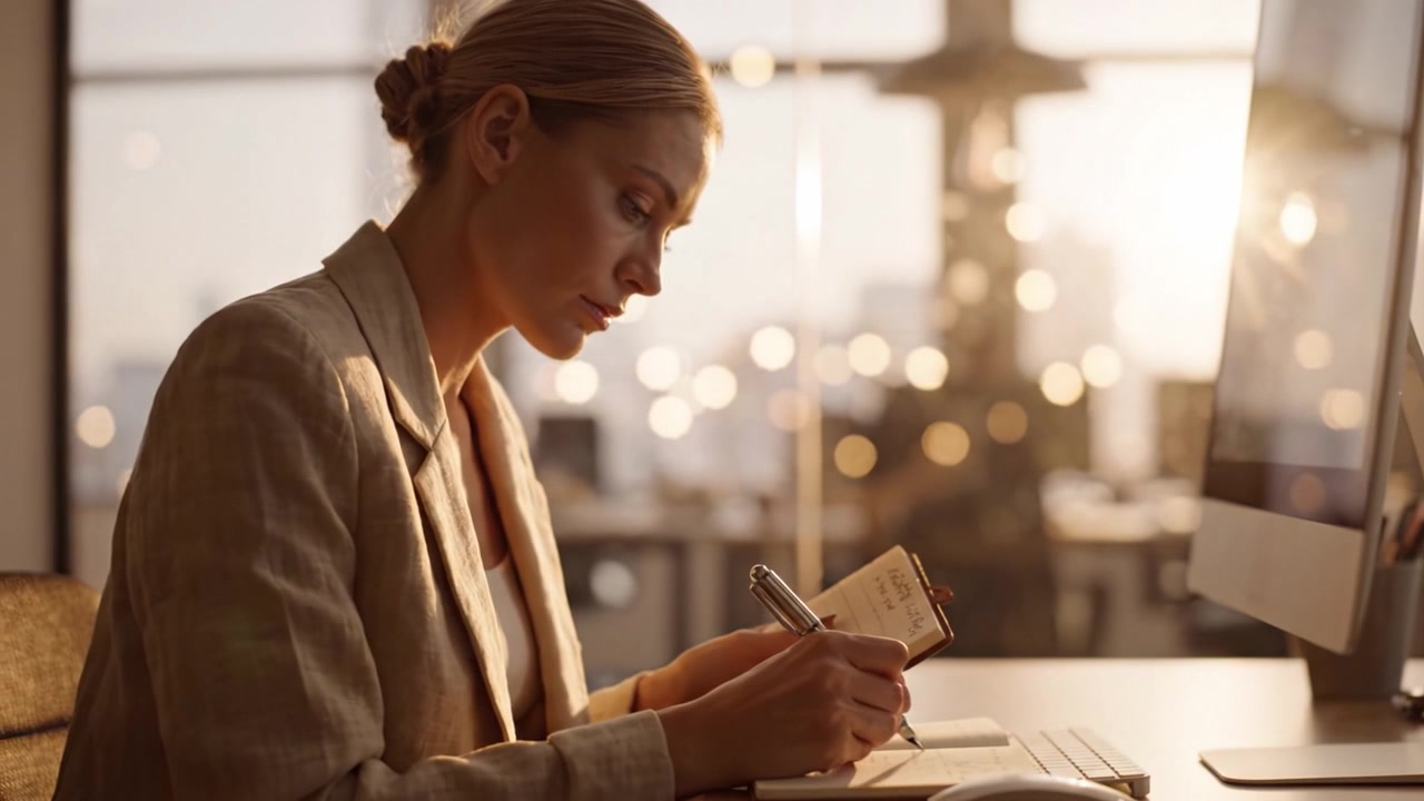 Een geconcentreerde professionele vrouw schrijft in een notitieboekje tijdens het gouden uur in een moderne kantooromgeving met zacht achtergrondlicht dat haar concentratie benadrukt