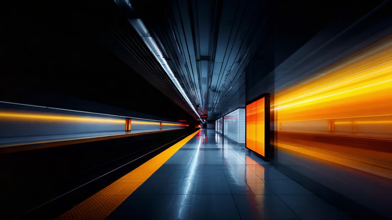 Dynamic Motion of a Futuristic Subway Station Captured in Two Frames, Showcasing Vibrant Colors and the Illusion of Speed Through Blurred Light and Urban Architecture