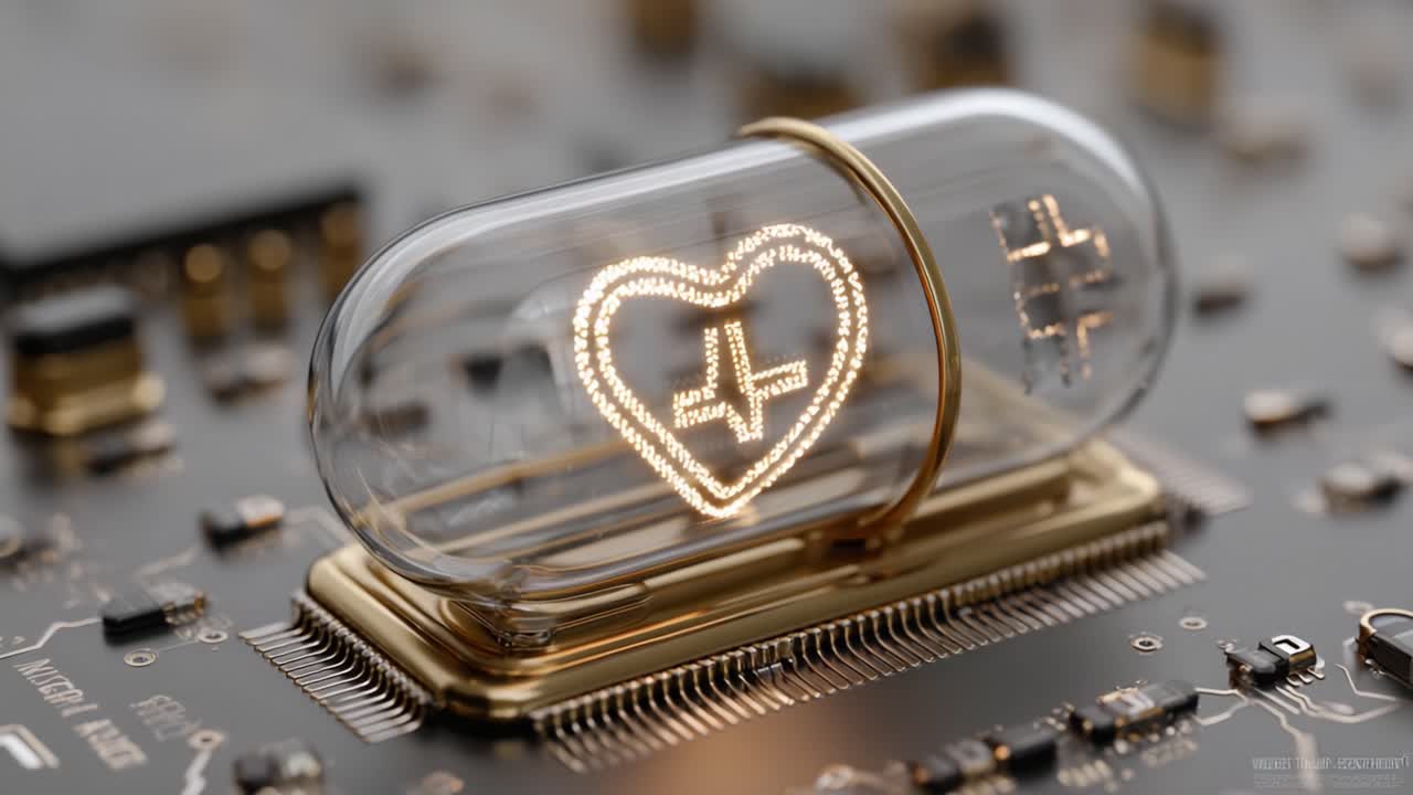 An Innovative Capsule Displaying a Glowing Heart Symbol on a Circuit Board, Symbolizing Health and Technology Interconnectedness with an Elegant Design