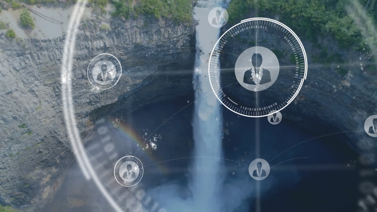 Network of connections and data processing animation over waterfall landscape