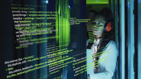 Animation of data processing over african american female engineer using laptop at server room