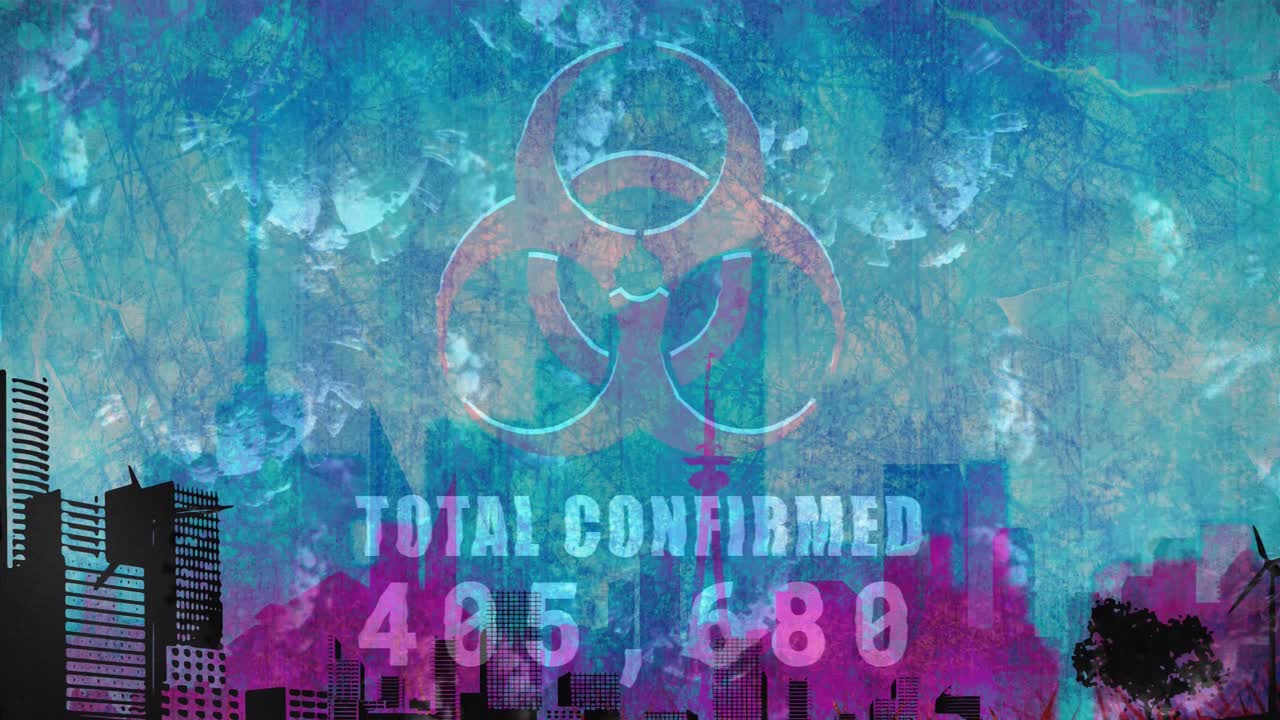 생물학적 위험 표지판의 애니메이션, 변화하는 사례 수 및 도시 풍경 위에 떠다니는 코로나 19 세포