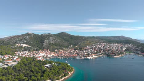 Croatian-City-on-Coast-of-Dalmatia-Island-in-Adriatic-Sea,-Aerial
