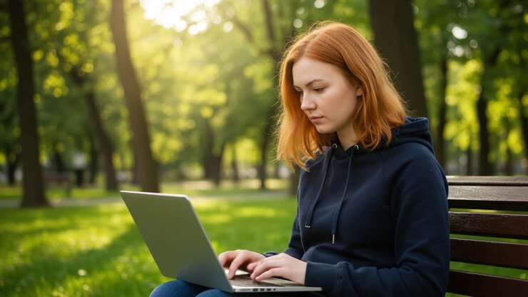 Una giovane donna con i capelli rossi siede concentrata sul suo laptop in un parco sereno, crogiolandosi al caldo sole mentre la natura la circonda in un ambiente tranquillo.