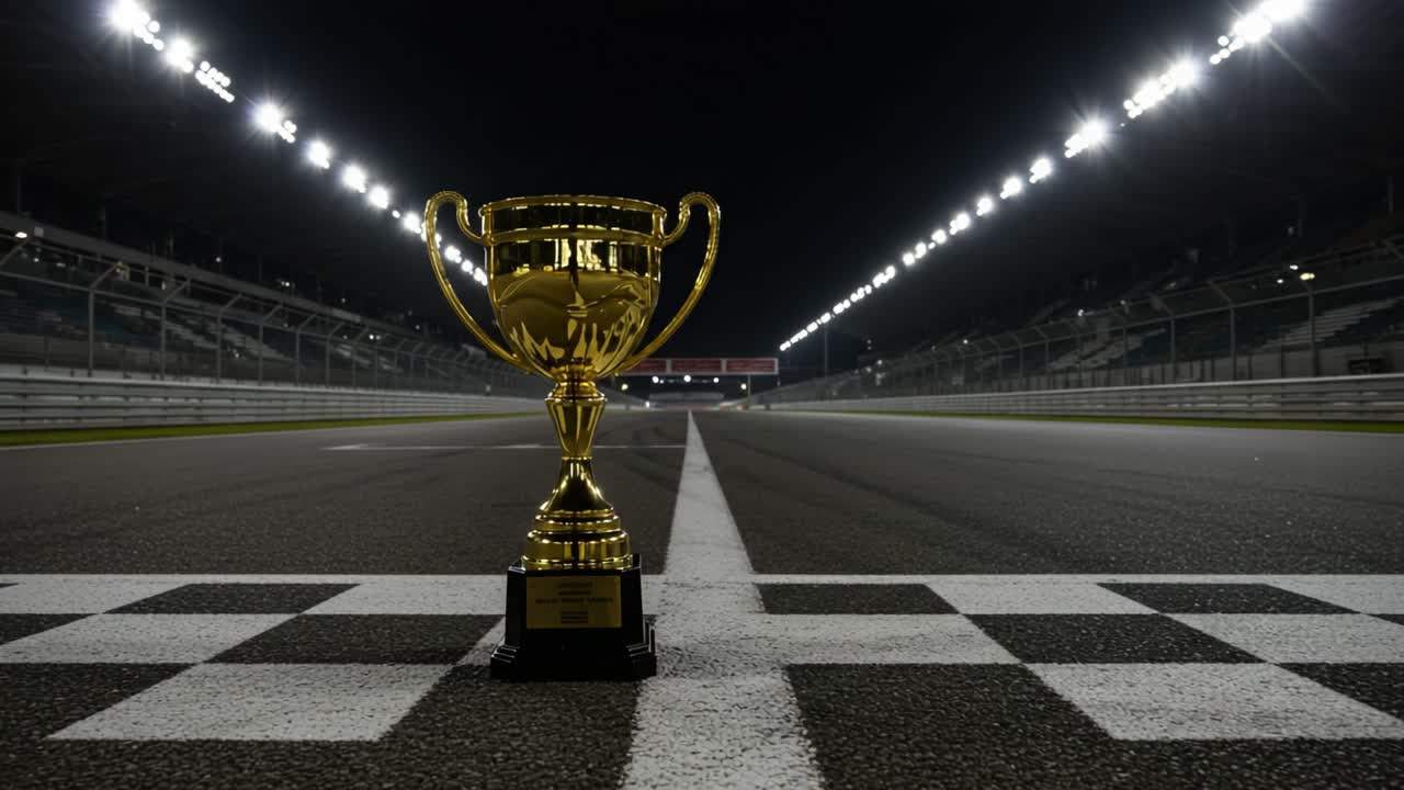 Celebrating Victory: A Gleaming Trophy Positioned at the Starting Line on a Night Race Track, Symbolizing Triumph and Competition in Motorsports