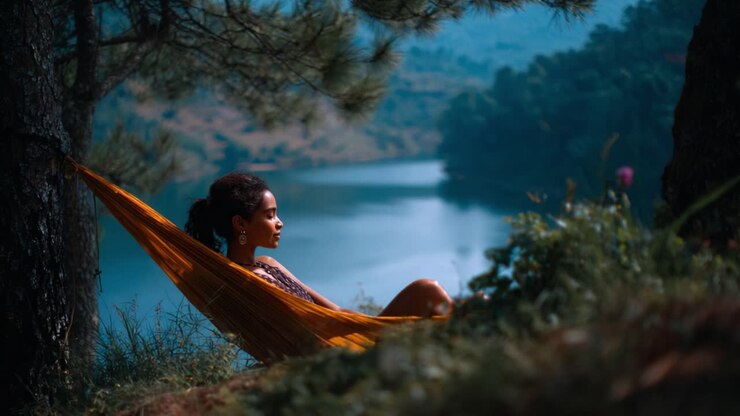 Une évasion sereine : une femme se relaxant dans un hamac au bord d'un lac tranquille entouré d'arbres luxuriants et d'une nature vibrante par une journée paisible