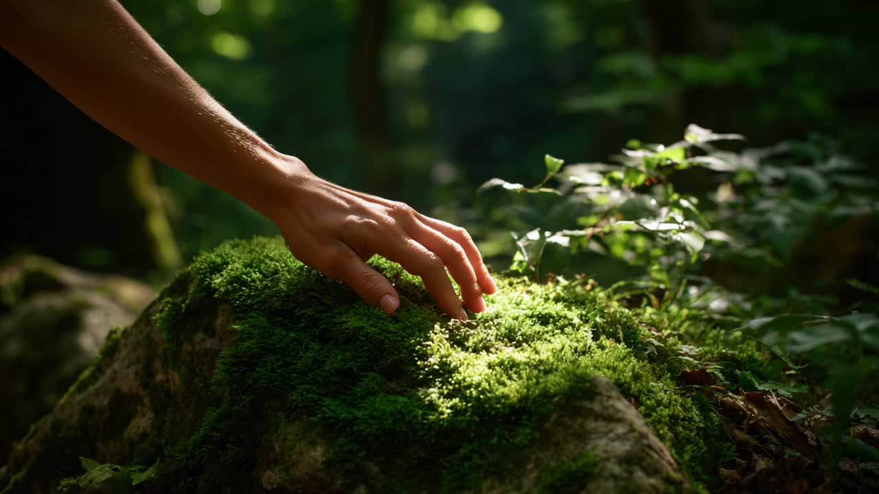 A Serene Moment of Connection with Nature: A Hand Gently Touching a Lush Green Moss-Covered Rock in a Tranquil Forest Illuminated by Soft Sunlight, Capturing the Essence of Peace and Harmony