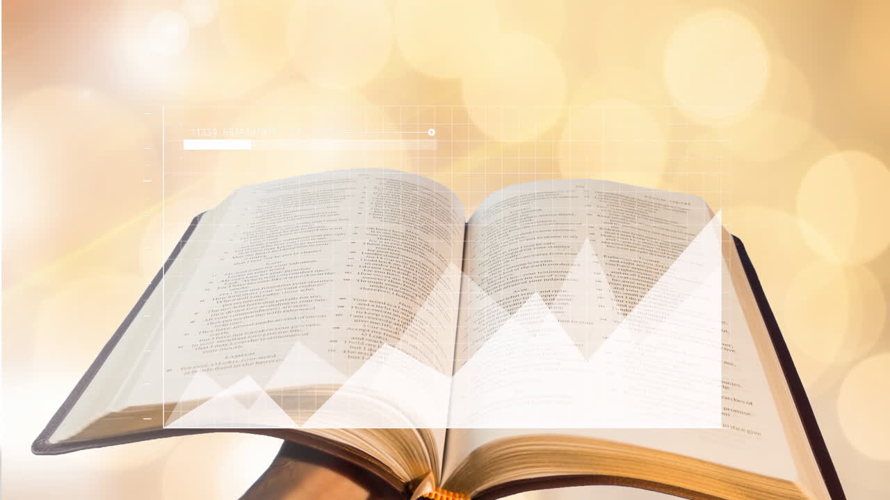 노란색 배경에 빛의 반점에 대항하여 열린 책에서 통계 데이터 처리의 애니메이션