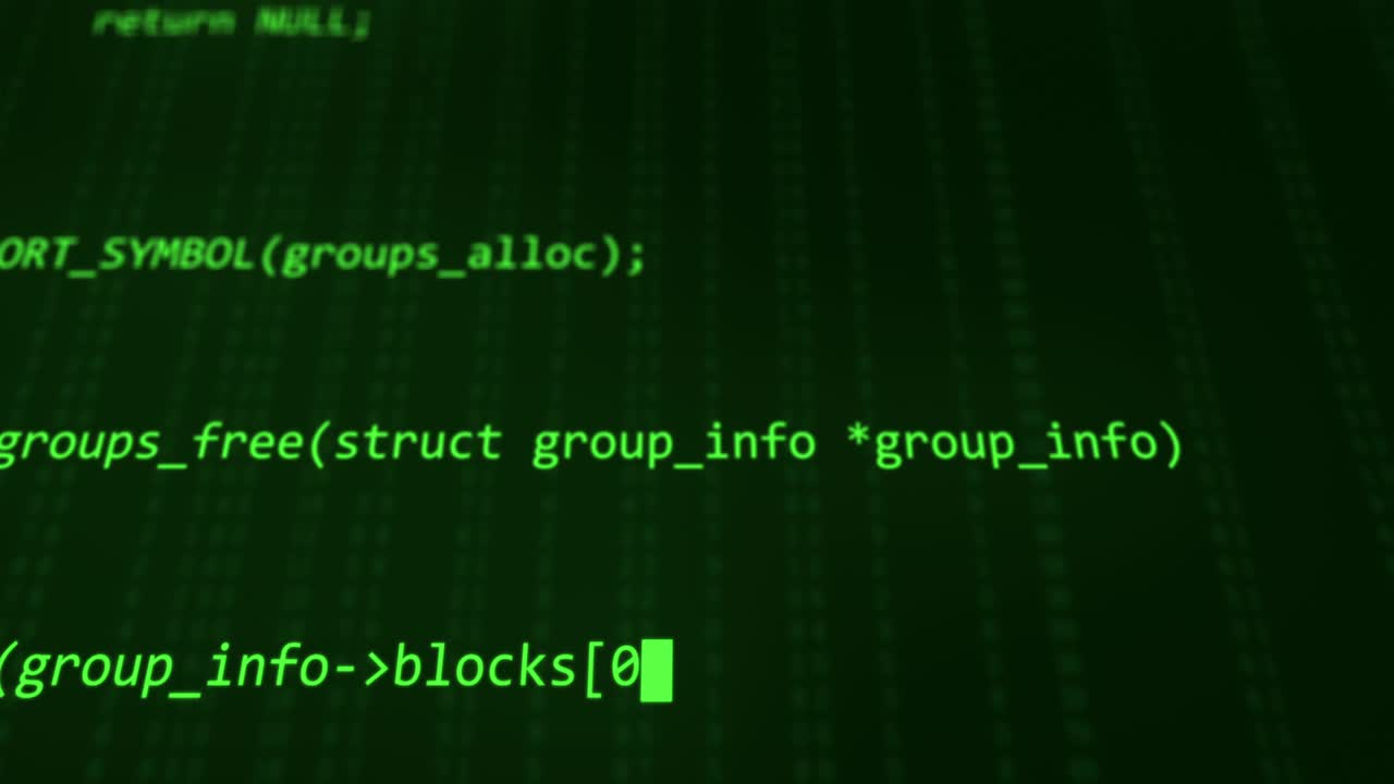 Close up. Green lines of random program code fast scrolling on a Computer screen terminal. Breaking Into the System. Technology, coding, programming, software and hacking concept. Selective focus, 4k.
