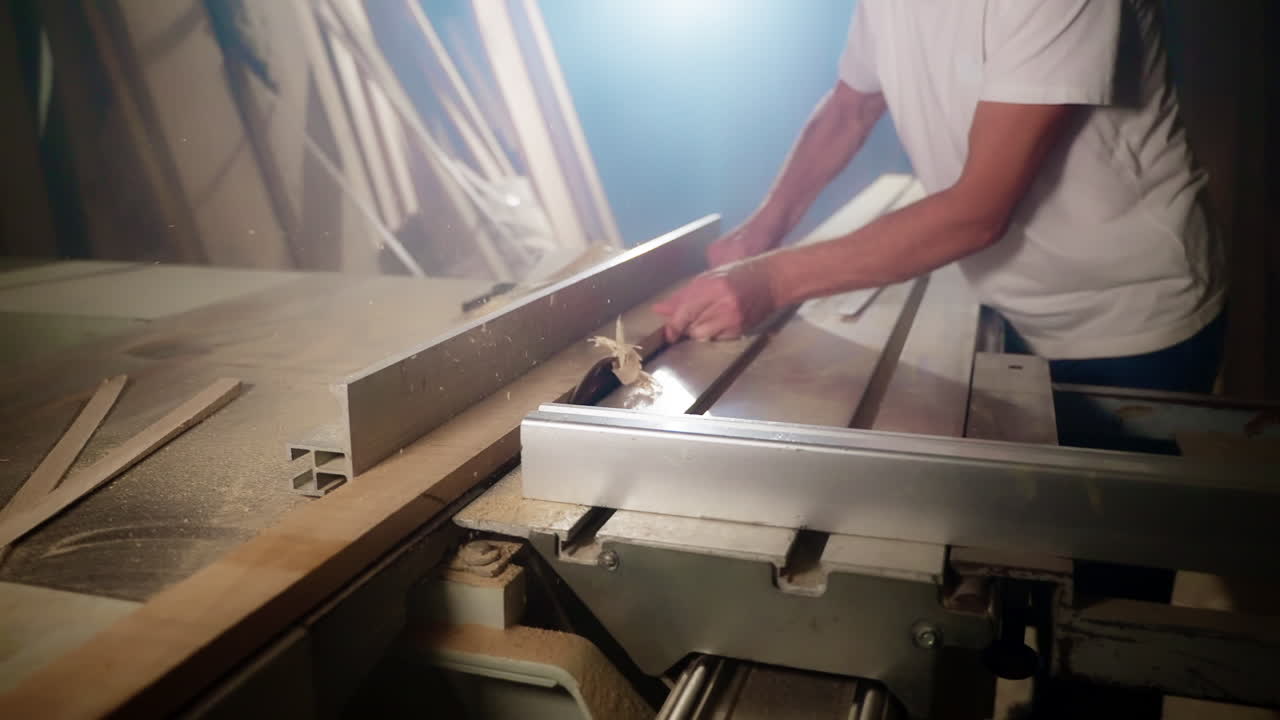 carpintero usando una sierra de mesa en un taller