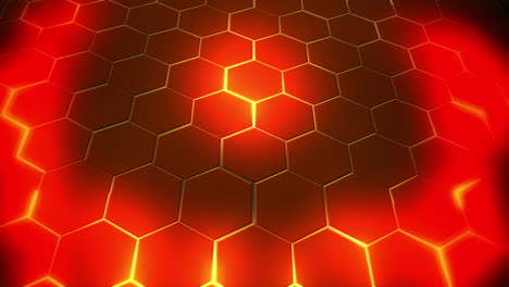 futuristic surface concept with glowing orange lava hexagons. radial flickering technological abstract background. seamless loop.