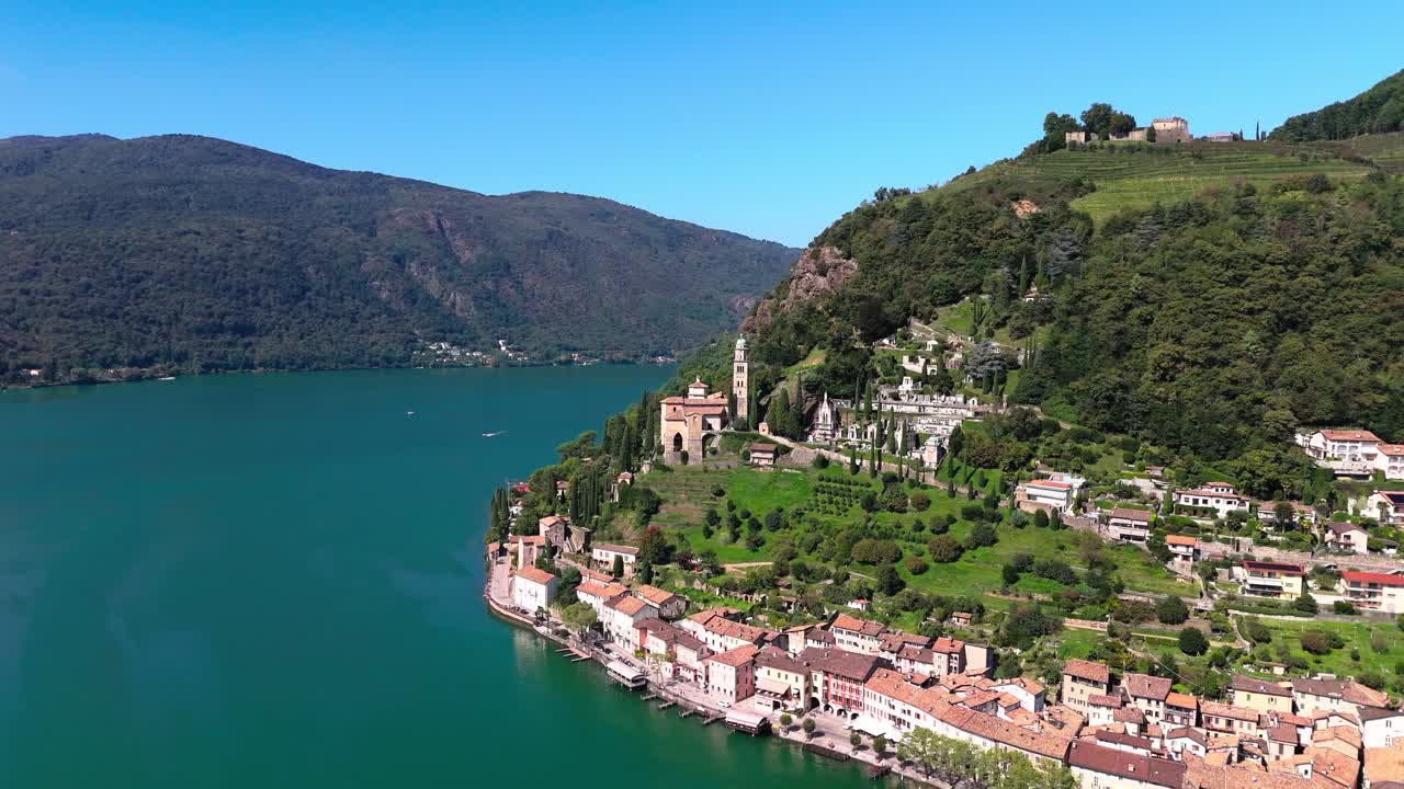 Drone view of Chiesa Santa Maria del Sasso and more, Morcote and more