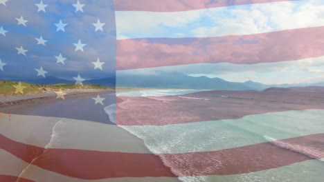 Digitale-Komposition-Der-Schwenkenden-US-Flagge-Vor-Der-Luftaufnahme-Von-Strand--Und-Meereswellen