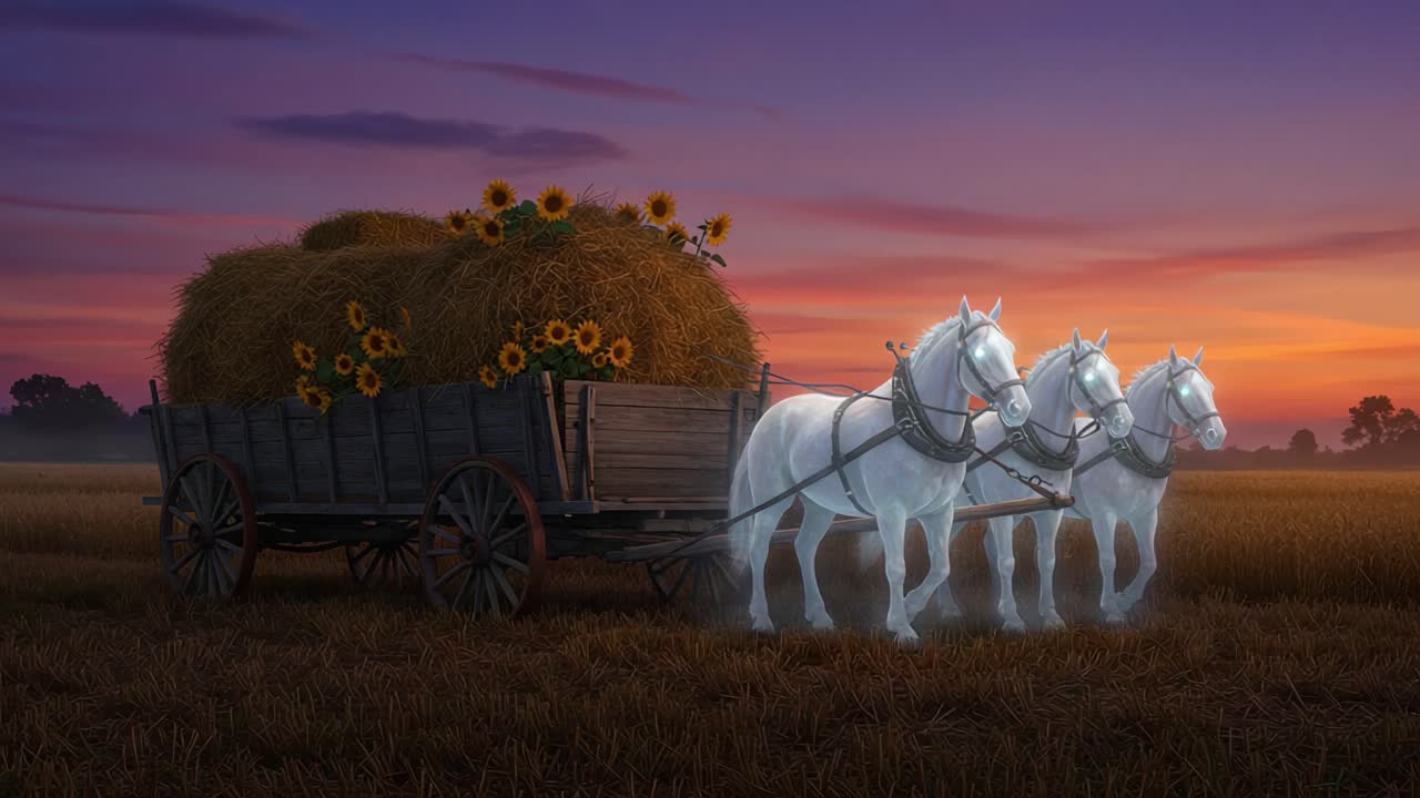 Tre maestosi cavalli bianchi trainano un carro rustico carico di girasoli e balle di fieno al tramonto in un sereno paesaggio di campagna