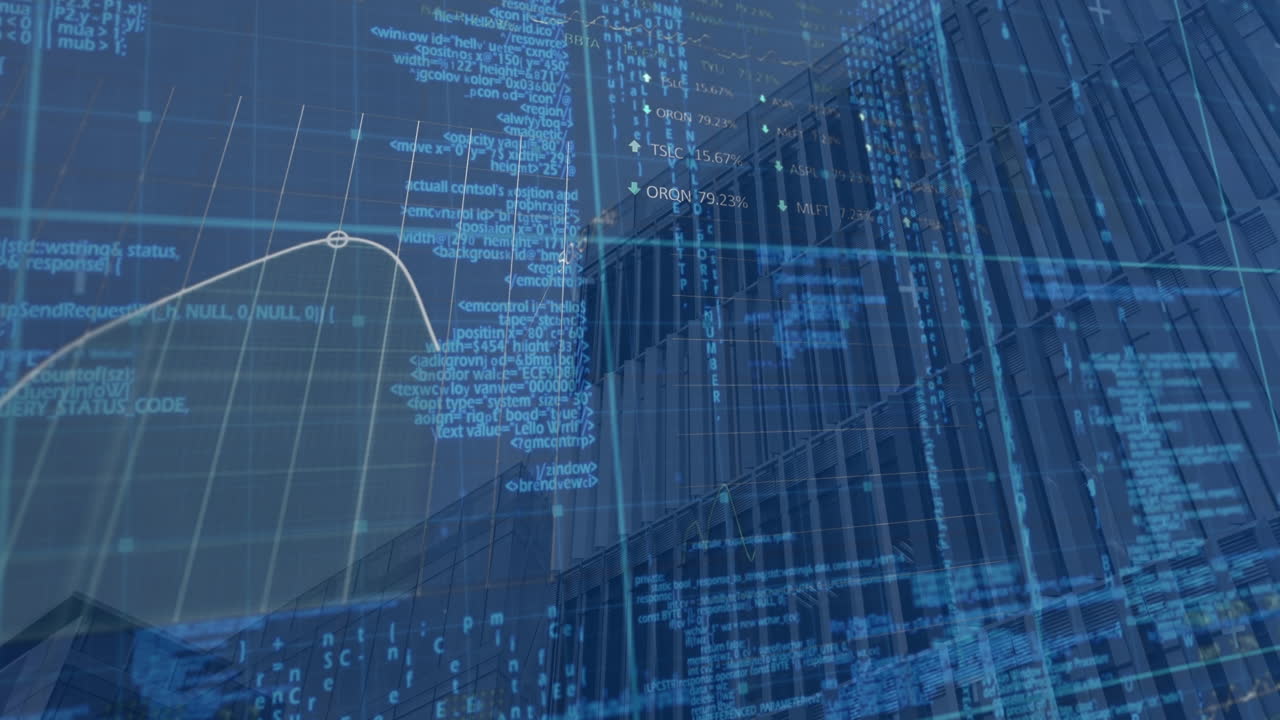 높은 건물의 낮은 각도 뷰에 대한 통계 및 증권 시장 데이터 처리의 애니메이션