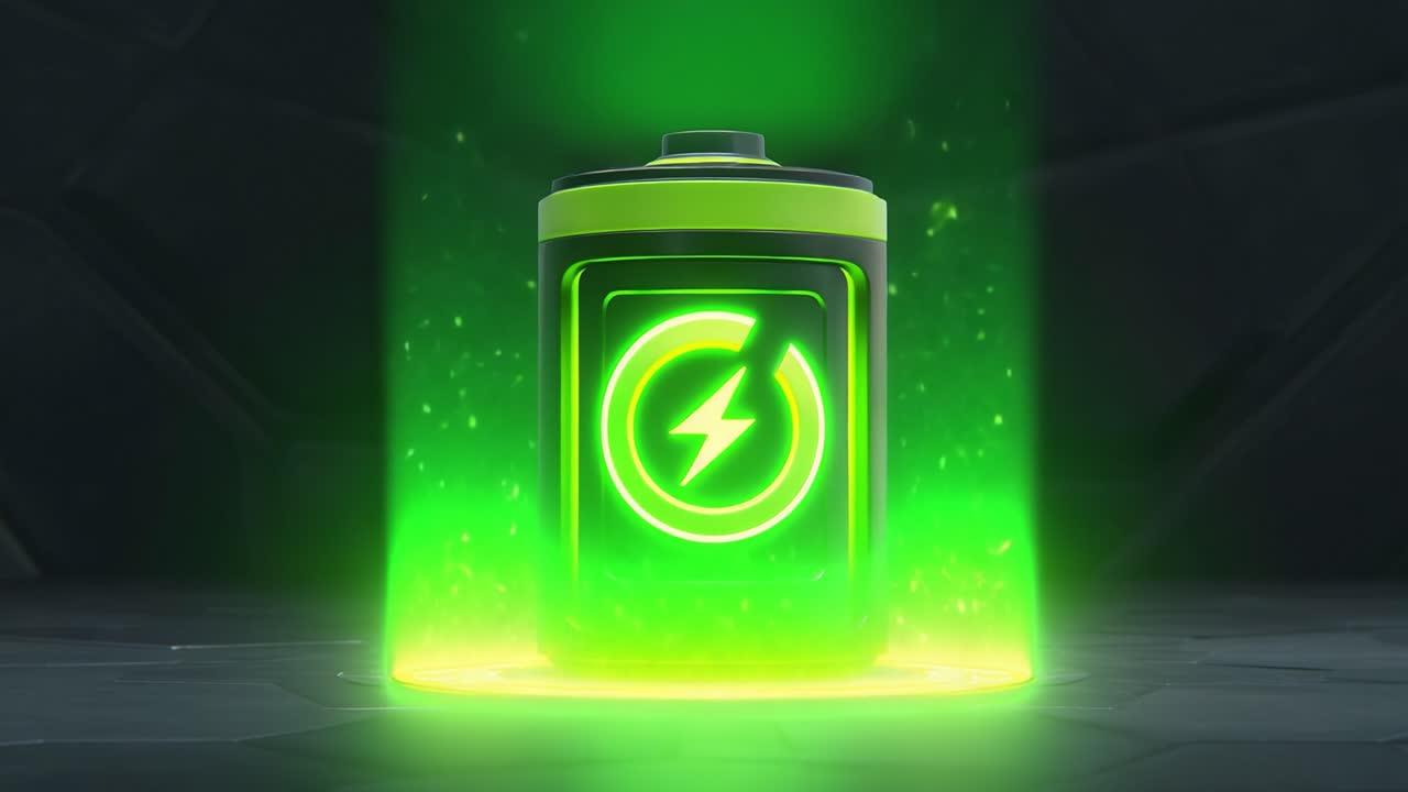 A visually striking depiction of a high-tech battery with a glowing green aesthetic, showcasing energy potential and futuristic design elements in a captivating digital environment