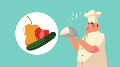 chef lifting tray and vegetables animation