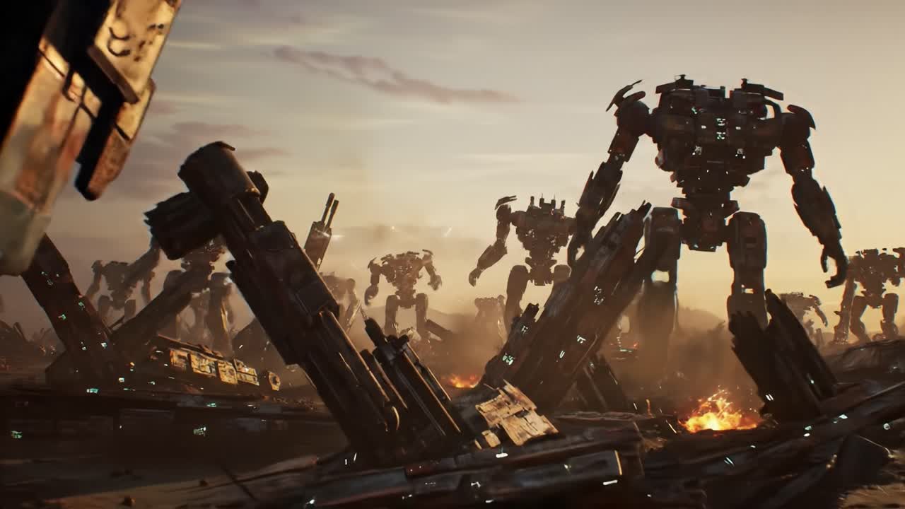 Exploration of a Futuristic Battlefield with Massive Robots Amidst the Ruins of War Under an Orange Sky, Showcasing Advanced Technology and Destruction