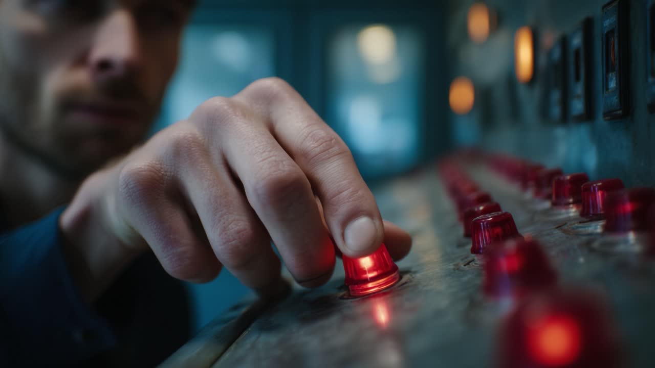 Et nærbilde av en person som betjener et kontrollpanel med røde knapper, som fremhever kunsten med manuell kontroll i et kommandomiljø.