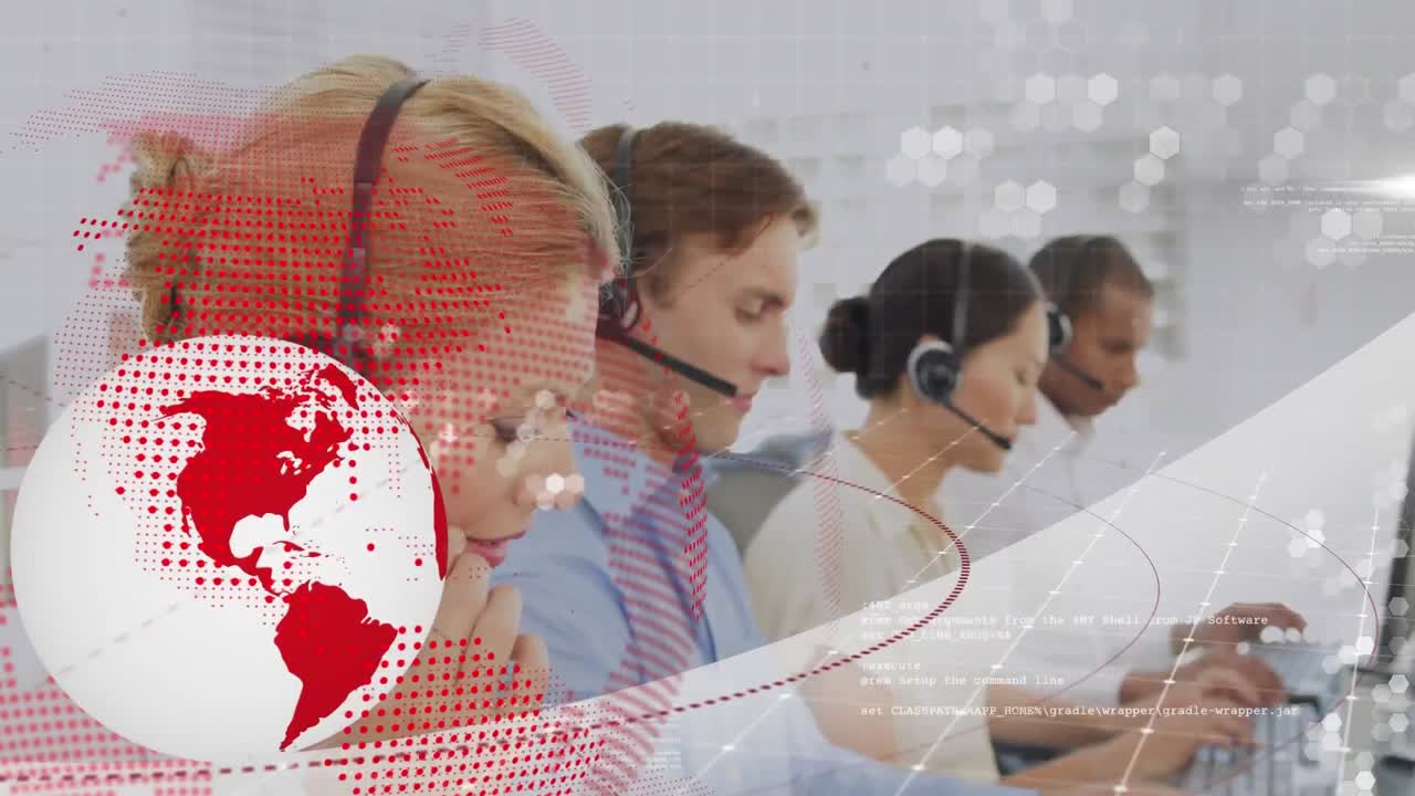 헤드 ⁇ 을 착용 한 사업가 들 위 에 있는 지구와 세계 지도 의 애니메이션