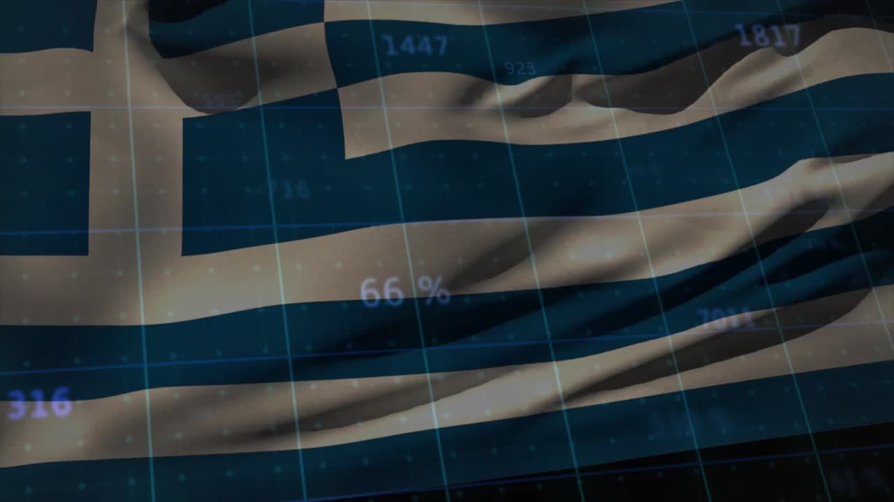 Når et gitter vises, blafrer et græsk flag, mens dataværdier skifter for at vise foranderlige finansielle nøgletal.