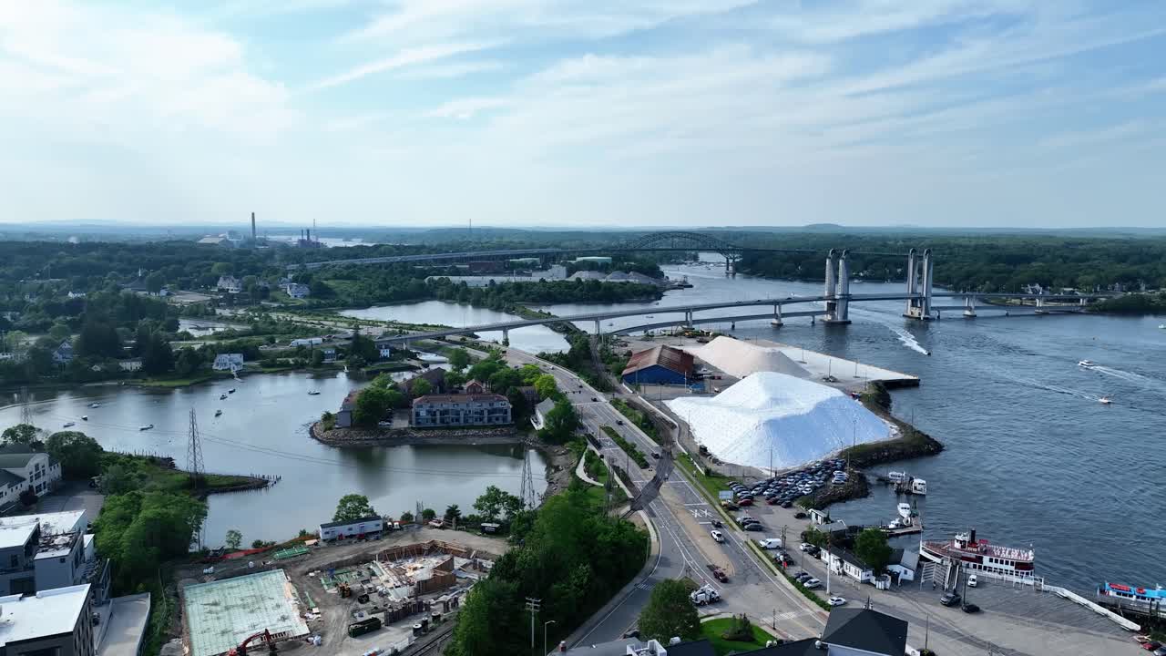 Drone view of the bridge and river connecting the states of Maine and New Hampshire