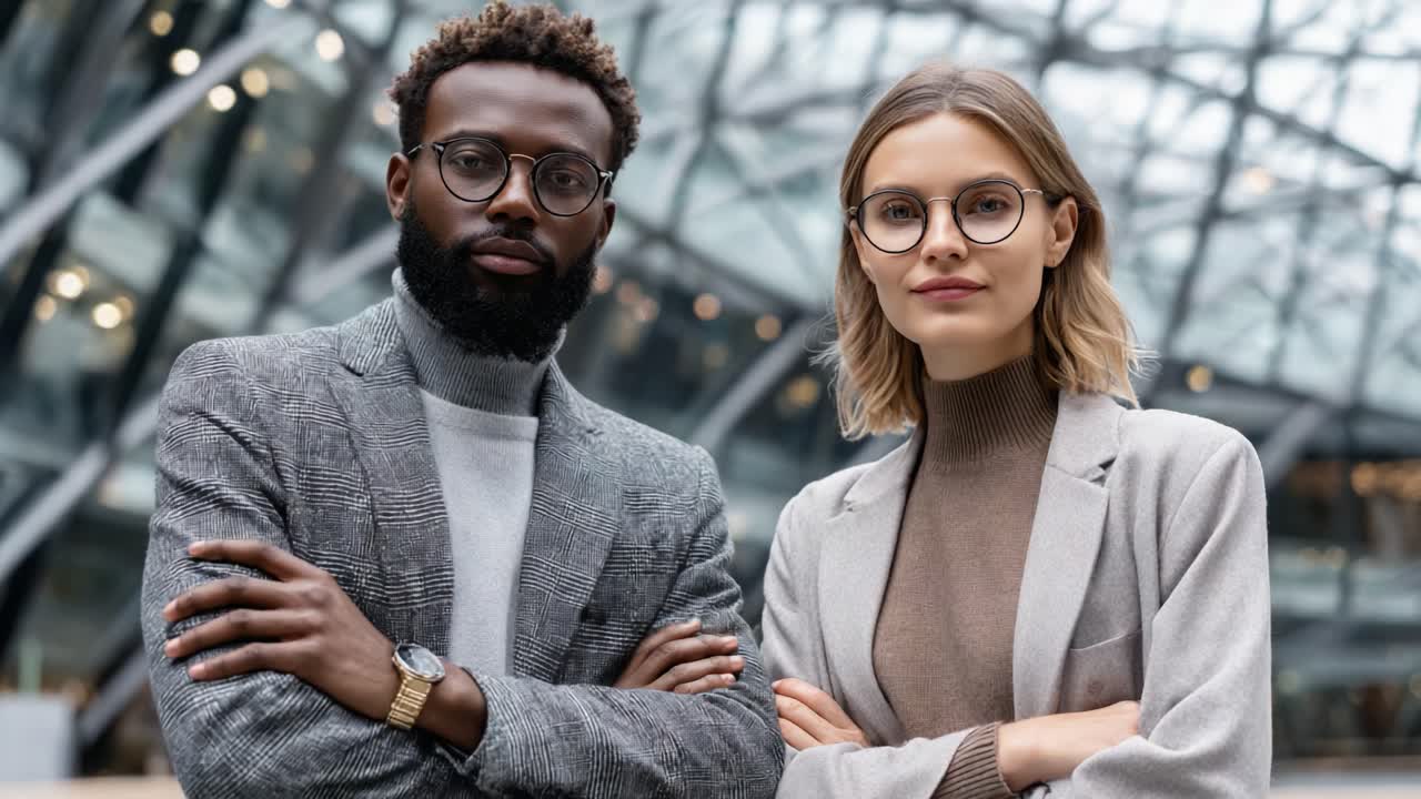 A Confident Duo in Professional Attire: Two Individuals Displaying Poise and Determination Against a Modern Architectural Backdrop