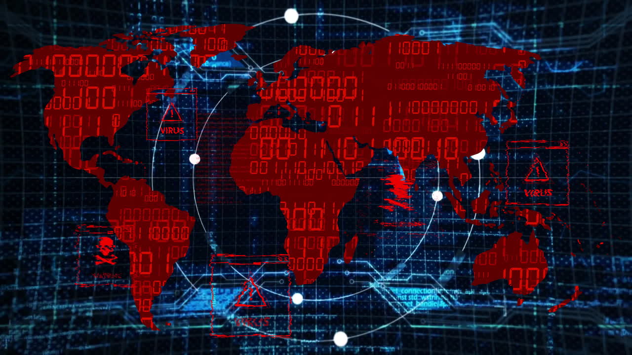 Animation of world map with virus warnings over digital binary code background