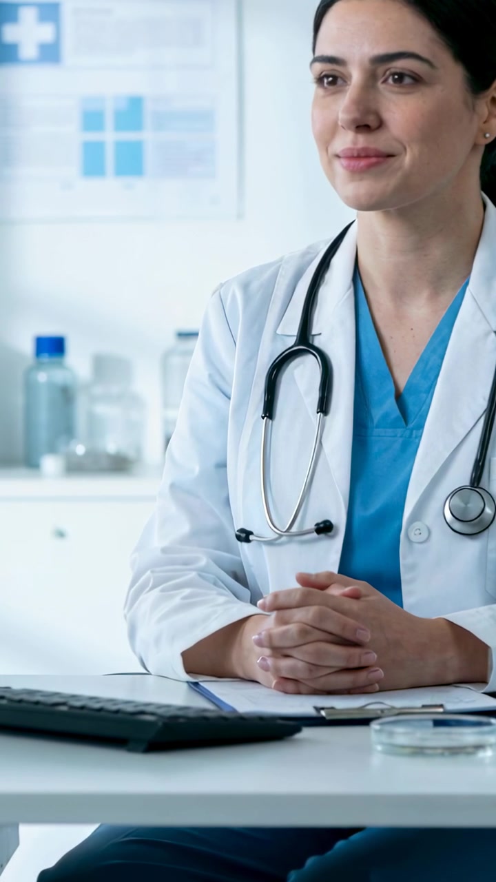 Video verticale: Paziente fuori campo che parla, medico in camice che ascolta alla scrivania con lo stetoscopio.