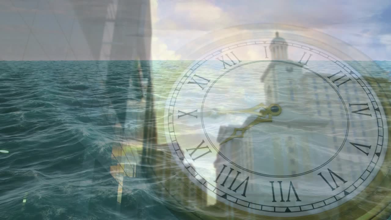 Clock appearing over tower, hands turning, waves moving, layers fading, showing time passing