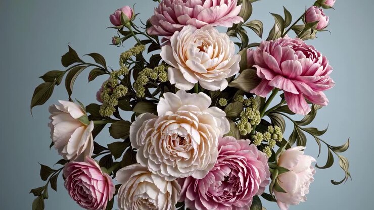 Nahaufnahme-Video von einem Blumenstrauß mit rosa und weißen Pfingstrosen vor einem zarten blauen Hintergrund