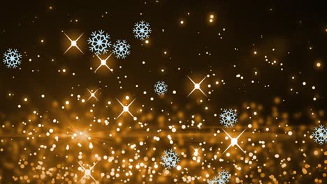 Animation-of-digital-snowflakes-diagonally-falling-over-twinkling-lights-against-black-background