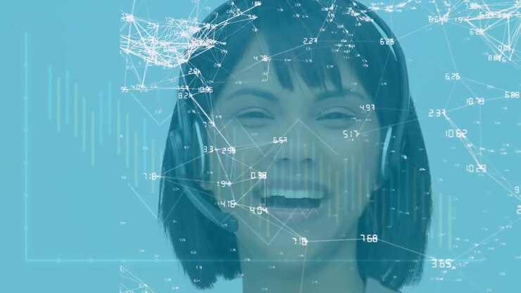 Animazione di una rete di connessioni su una donna birazziale che parla al telefono con auricolare