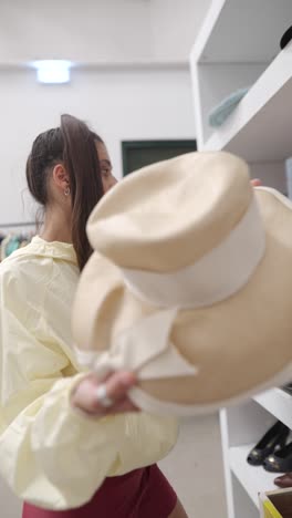 woman shopping for a hat in a clothing store