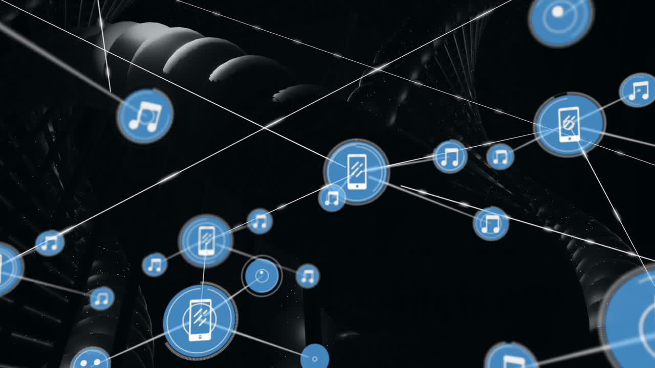 Animation of digital connections and music icons over dark background