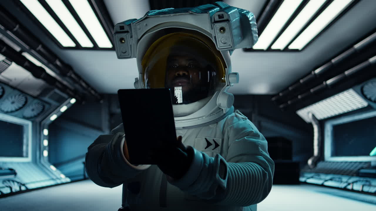 Vertical video Astronaut wearing spacesuit monitoring mission data on tablet in spacecraft