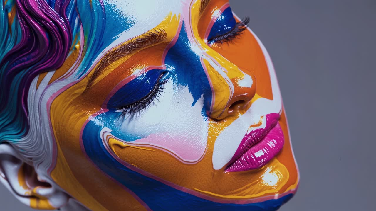 artista de maquillaje profesional que aplica un diseño vibrante y abstracto en el rostro de la mujer, creando un retrato artístico con los ojos cerrados y una expresión colorida, enfatizando el concepto de belleza creativa