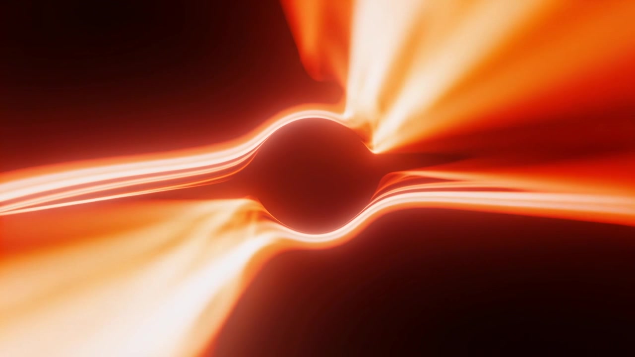 Tensione crescente, fasce luminose che si allungano e tirano attorno a un vuoto centrale in studio, formando viticci.