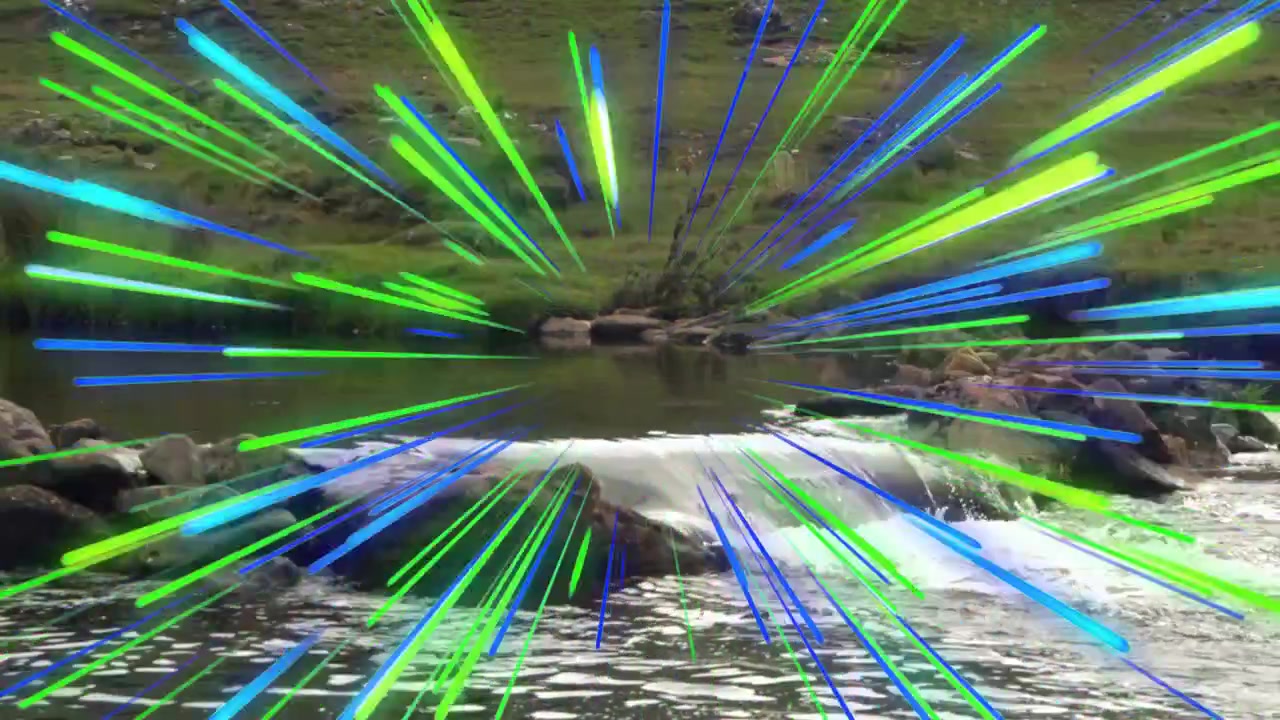 Kleine rivier stroomt over een centrale rots, met neonstrepen die in het midden uitbarsten en naar buiten stralen om de oever te accentueren.