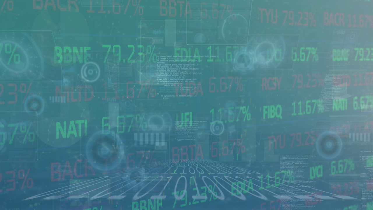 Animation of financial data processing and scope scanning on blue background