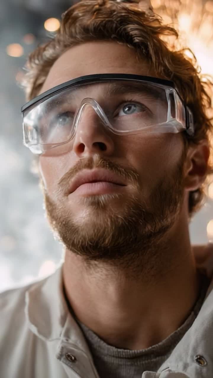 A determined individual wearing protective glasses gazes upward, embodying curiosity and focus in a moment of inspiration and safety within a scientific environment