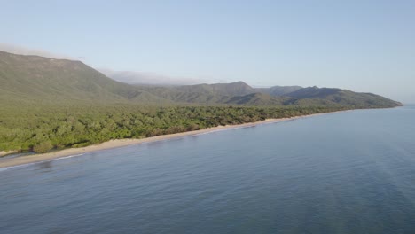 Panorama-Of-Calm-Blue-Sea,-Wangetti-Beach,-And-Seaside-Forest---Wangetti,-Queensland,-Australia