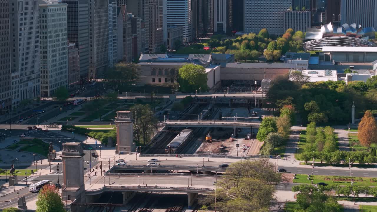 Chicago USA, Drone Shot of Railway Between Millennium Park and Michigan Avenue on Sunny Summer Day